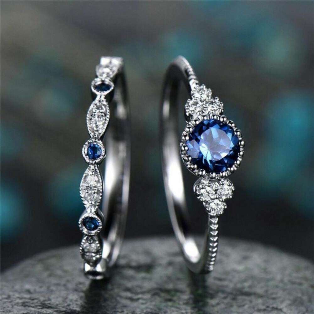 Elegant Silver and Blue Gemstone Ring Set